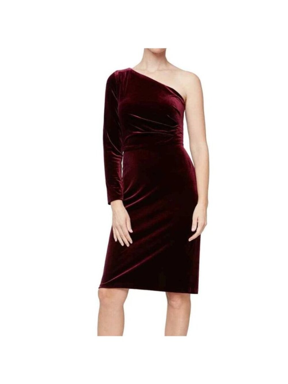 NWT Alex & Eve Women Burgundy Velvet One-Shoulder Back Slit Sheath Dress Size 10